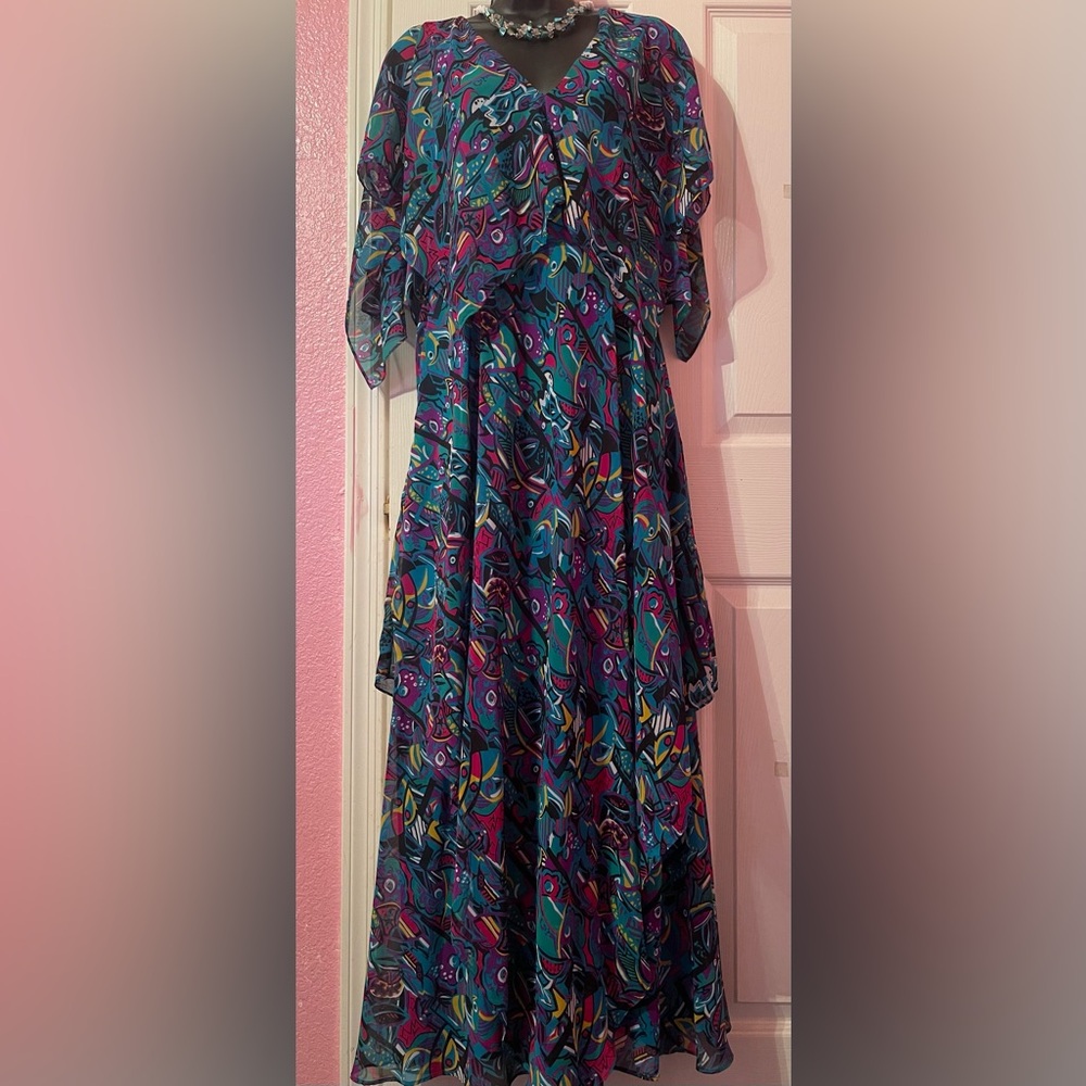 Vicky Tiel Maxi Floral Print Dress, Teal, Size M
